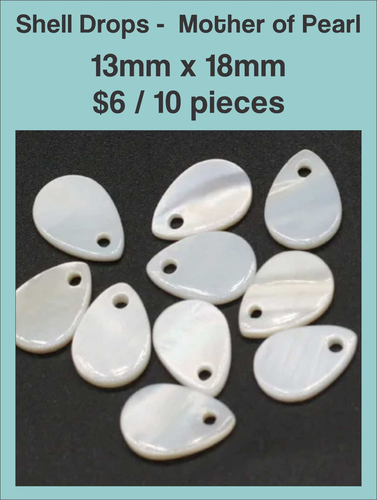 Mother of pearl teardrop pendants, 13 x 18mm, with a drill hole, on a dark background
