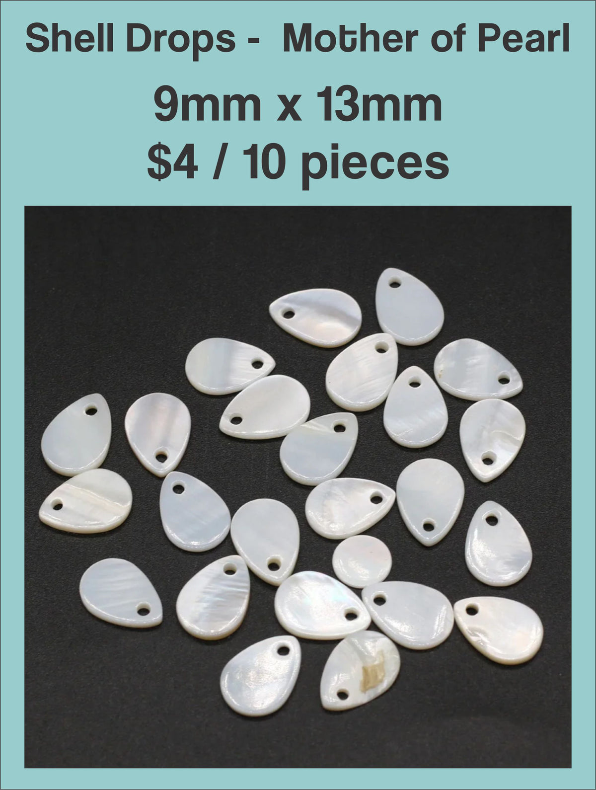 Mother of pearl teardrop pendants, 9 x 13mm, with a drill hole, on a dark background