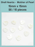 Mother of pearl heart pendants, 15 x 15mm, with a drill hole