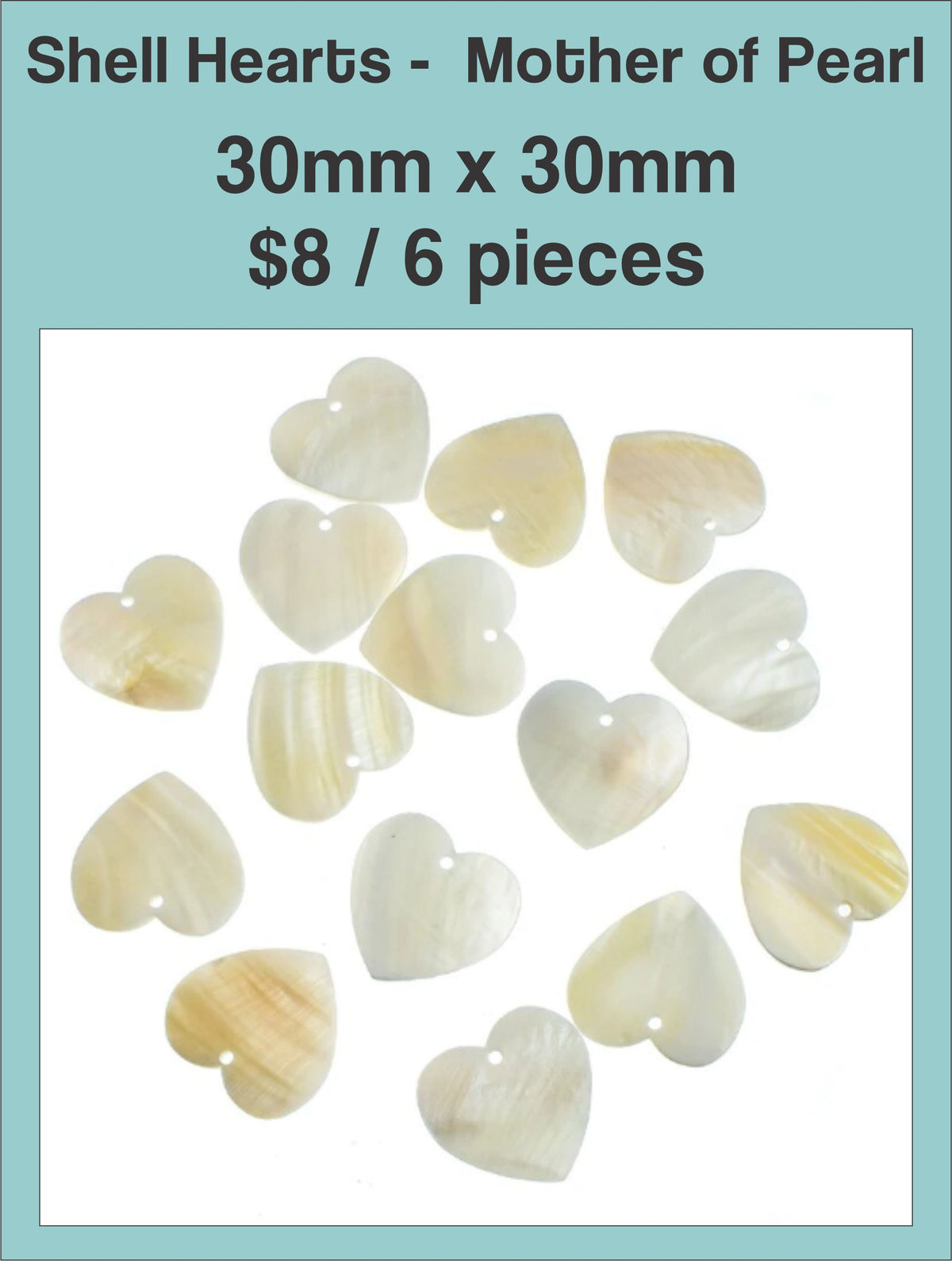 Mother of pearl heart pendants, 30 x 30mm, with a drill hole