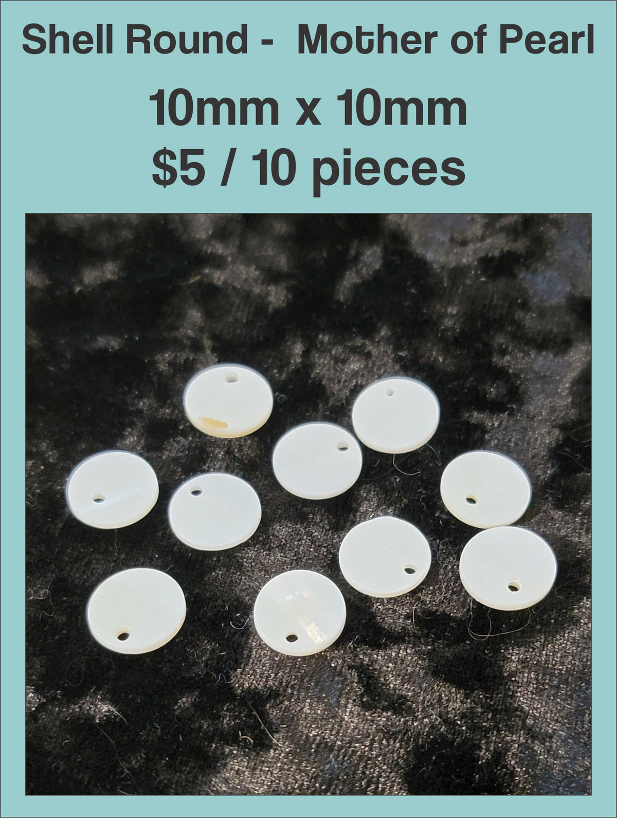Round mother of pearl disc pendants, 10 x 10mm, with a drill hole, on a dark background