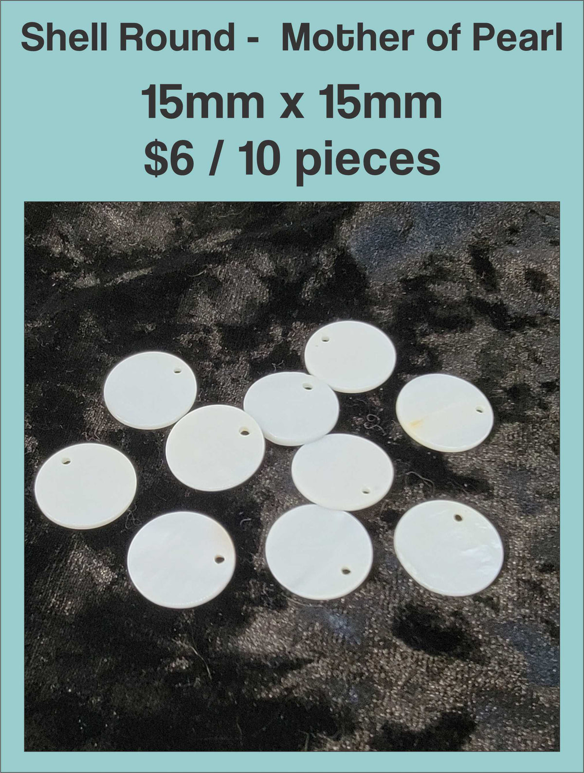 Round mother of pearl disc pendants, 15 x 15mm, with a drill hole, on a dark background