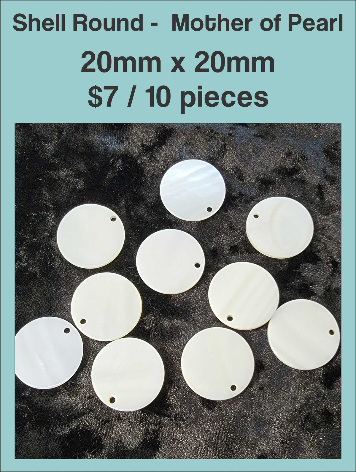 Round mother of pearl disc pendants, 20 x 20mm, with a drill hole, on a dark background
