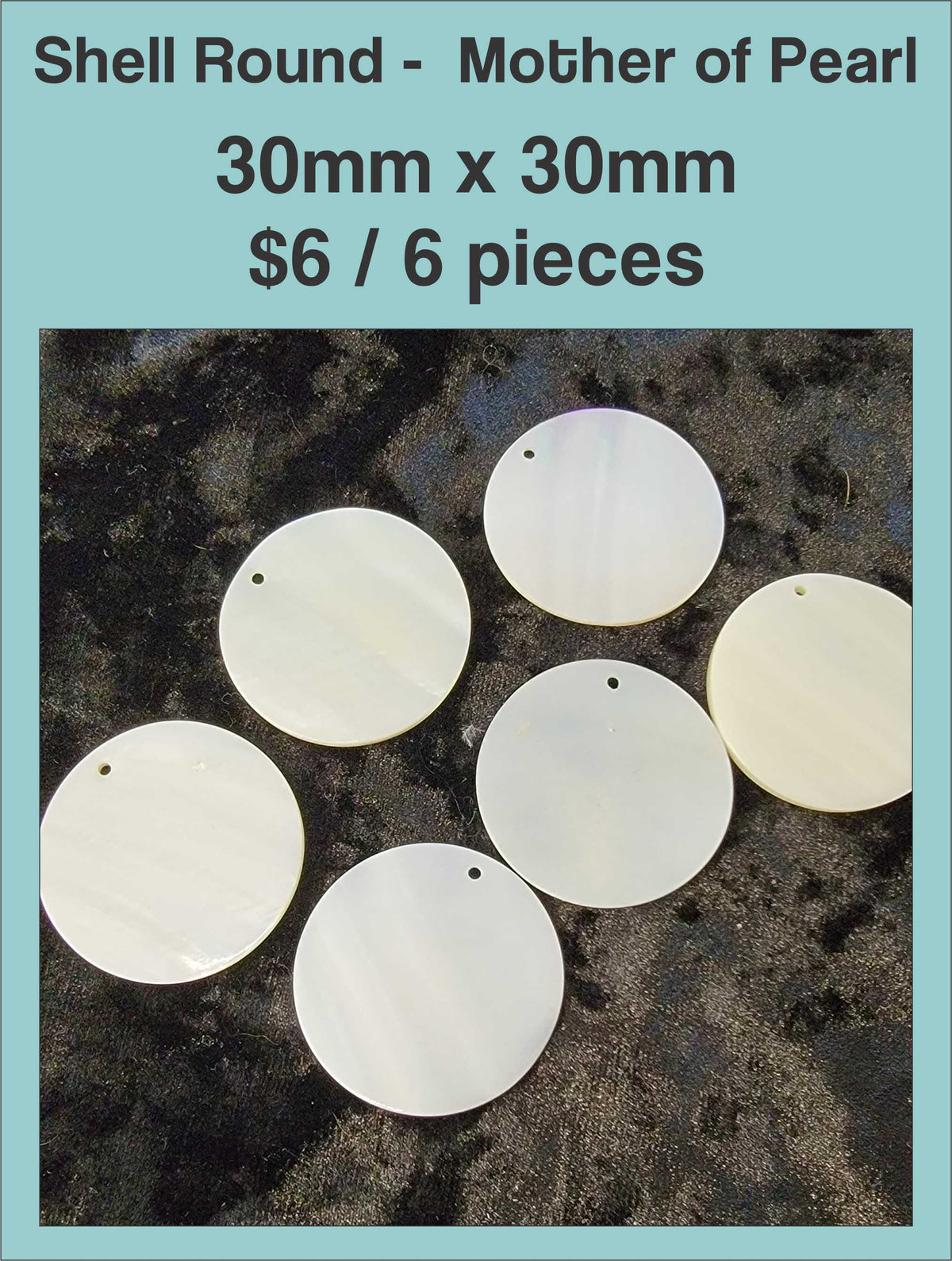 Round mother of pearl disc pendants, 30 x 30mm, with a drill hole, on a dark background