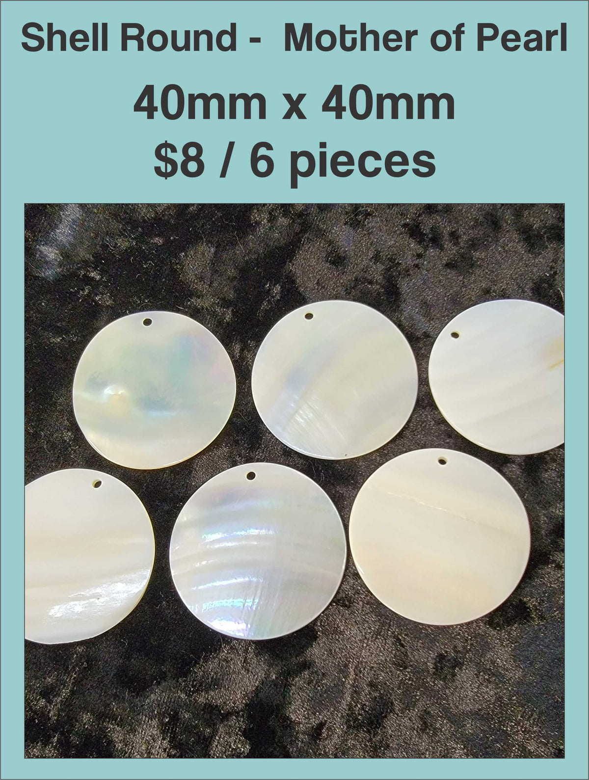 Round mother of pearl disc pendants, 40 x 40mm, with a drill hole, on a dark background