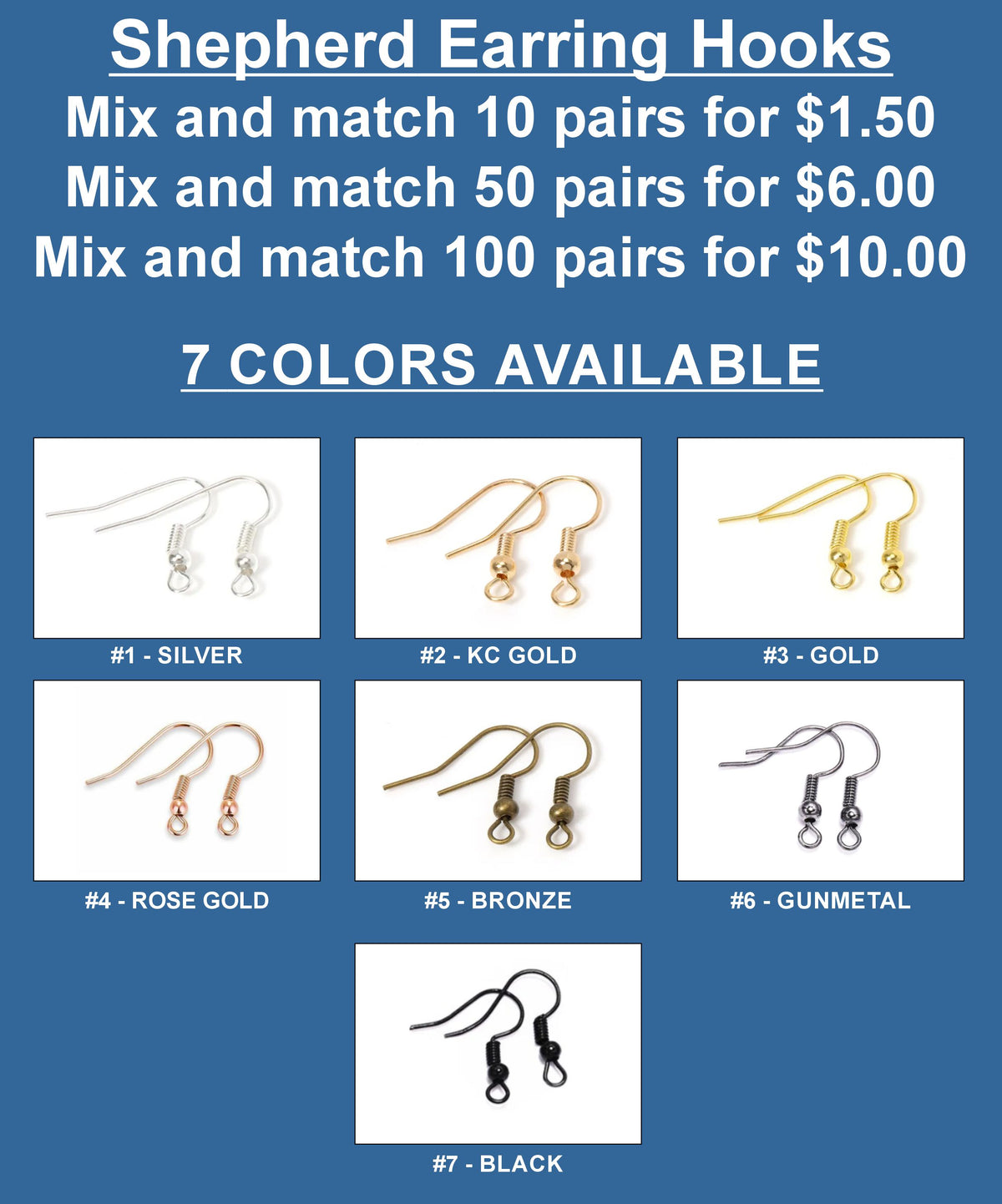 Chart of shepherd earring hooks in seven colours, sold in packs of pairs