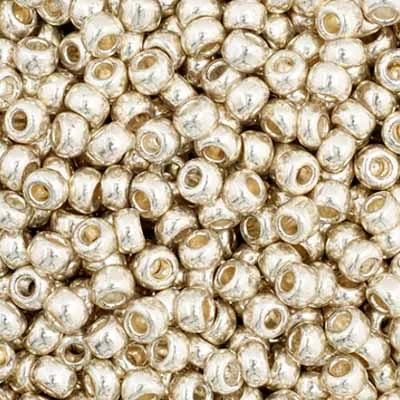 Close-up of Preciosa 11/0 Czech glass seed beads in silver metallic