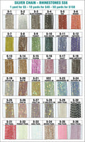 Chart of 36 options for ss6 silver chain rhinestone banding, including crystal, coloured, AB and pearl stones