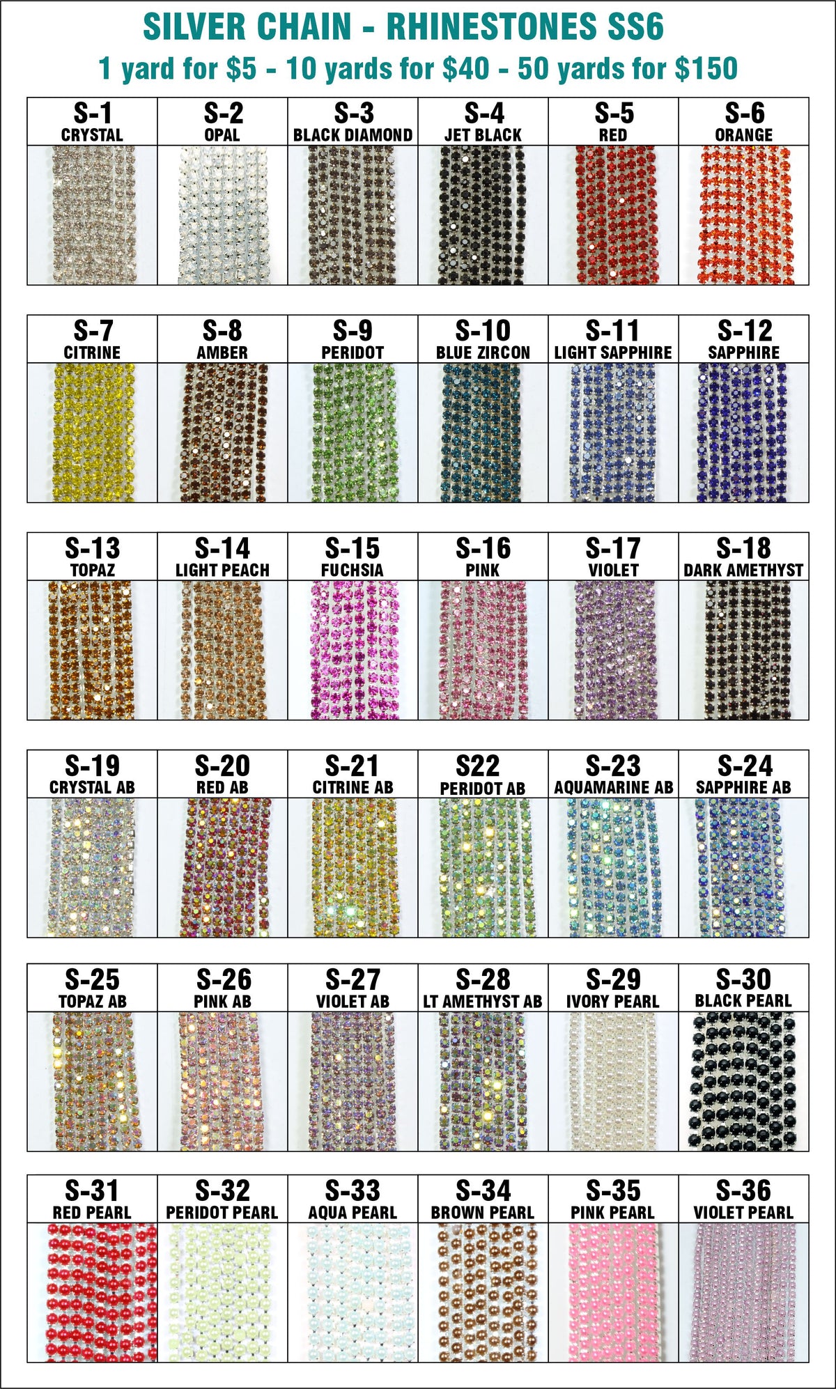 Chart of 36 options for ss6 silver chain rhinestone banding, including crystal, coloured, AB and pearl stones