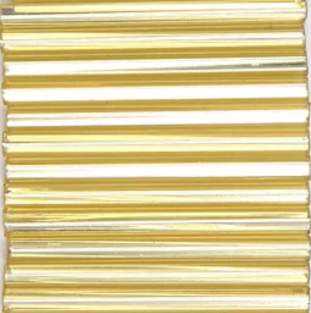 Rows of 30mm Preciosa Czech glass bugle beads in silver-lined gold