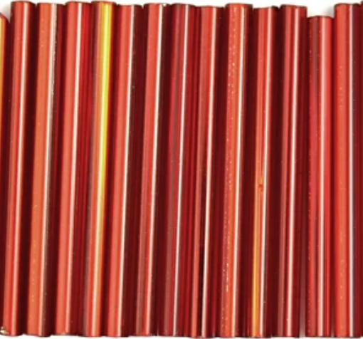 Rows of 30mm Preciosa Czech glass bugle beads in silver-lined light red