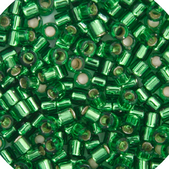 Close-up of Miyuki Delica 11/0 DB0046 cylinder beads in silver-lined light green