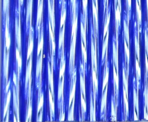 Rows of twisted 30mm Preciosa Czech glass bugle beads in silver-lined sapphire