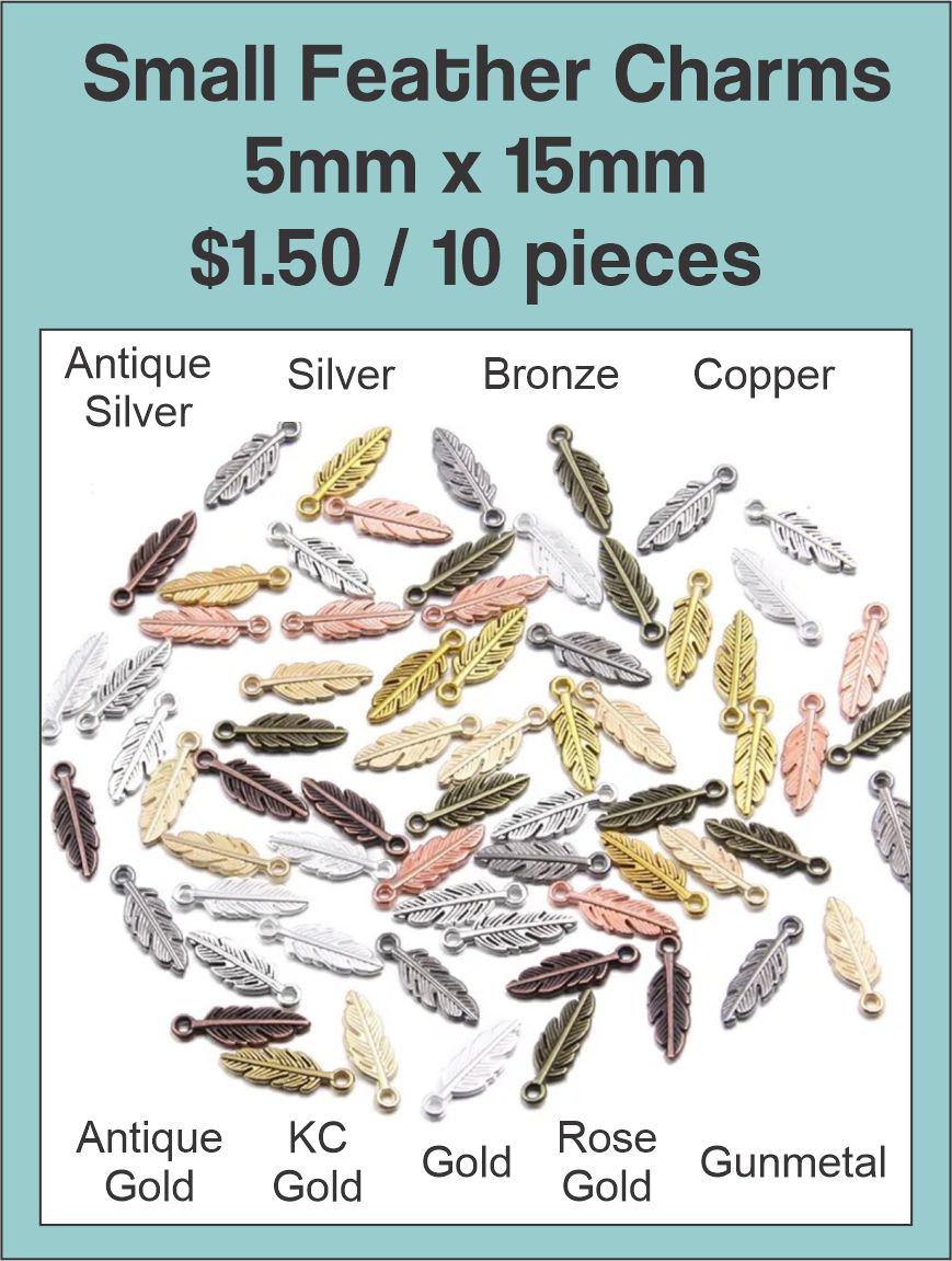 Pile of 5 x 15mm feather charms in silver, gold, bronze, copper, rose gold, gunmetal and other finishes