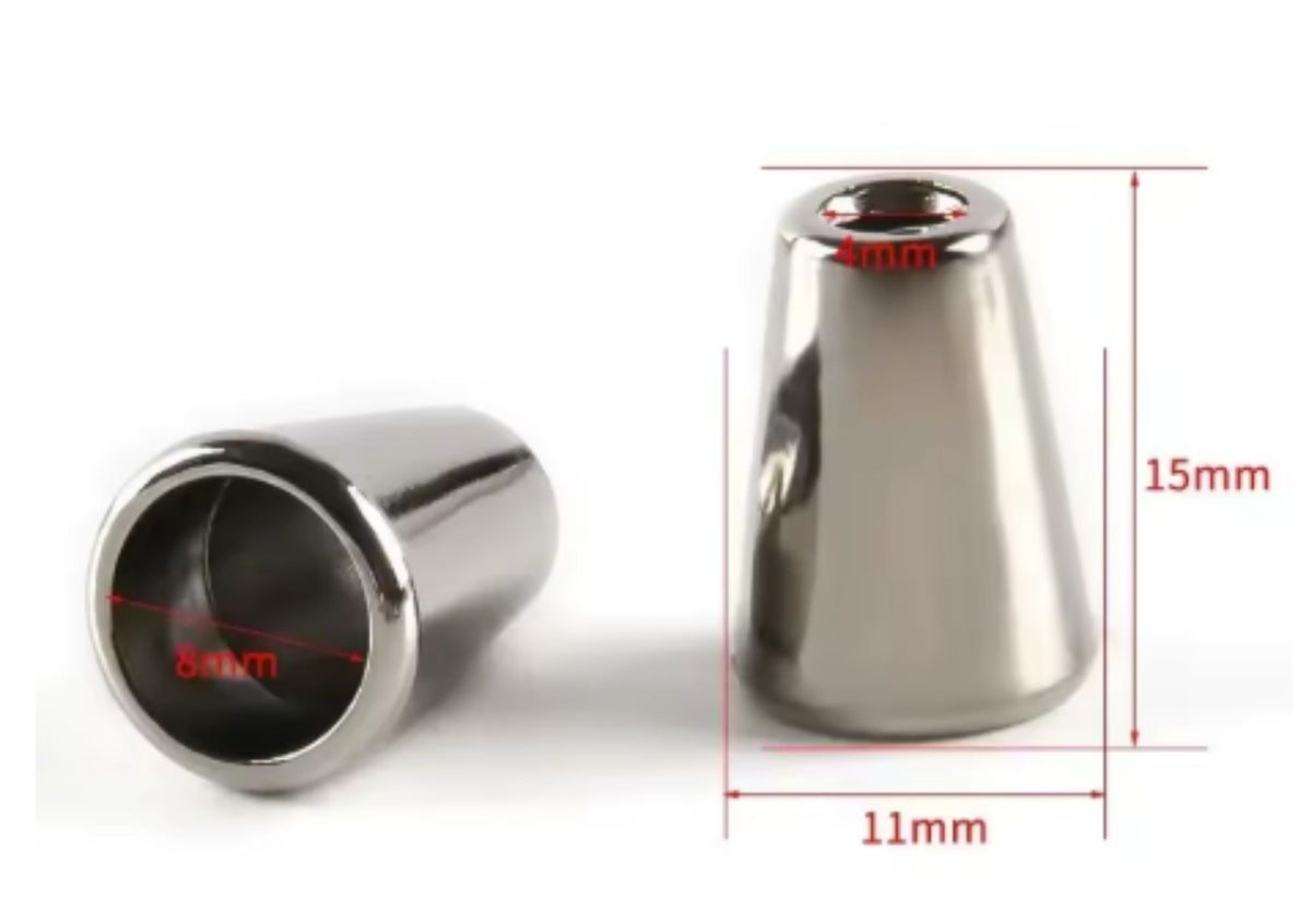 Smooth silver 11 x 15mm metal bead cone shown from the side with size markings