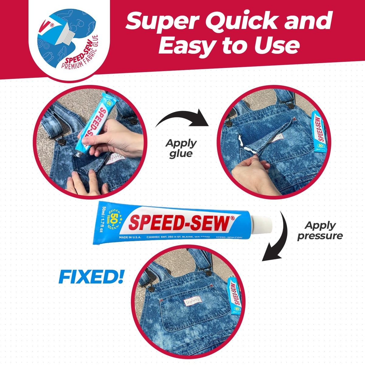 Three-step guide to repairing a denim tear with Speed Sew fabric glue