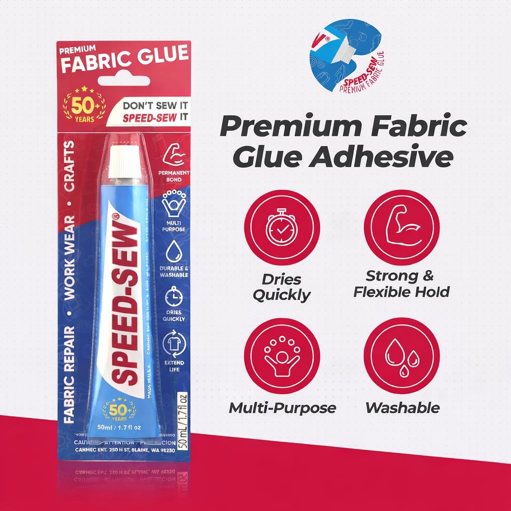 Speed Sew fabric glue tube beside a list of its features and uses