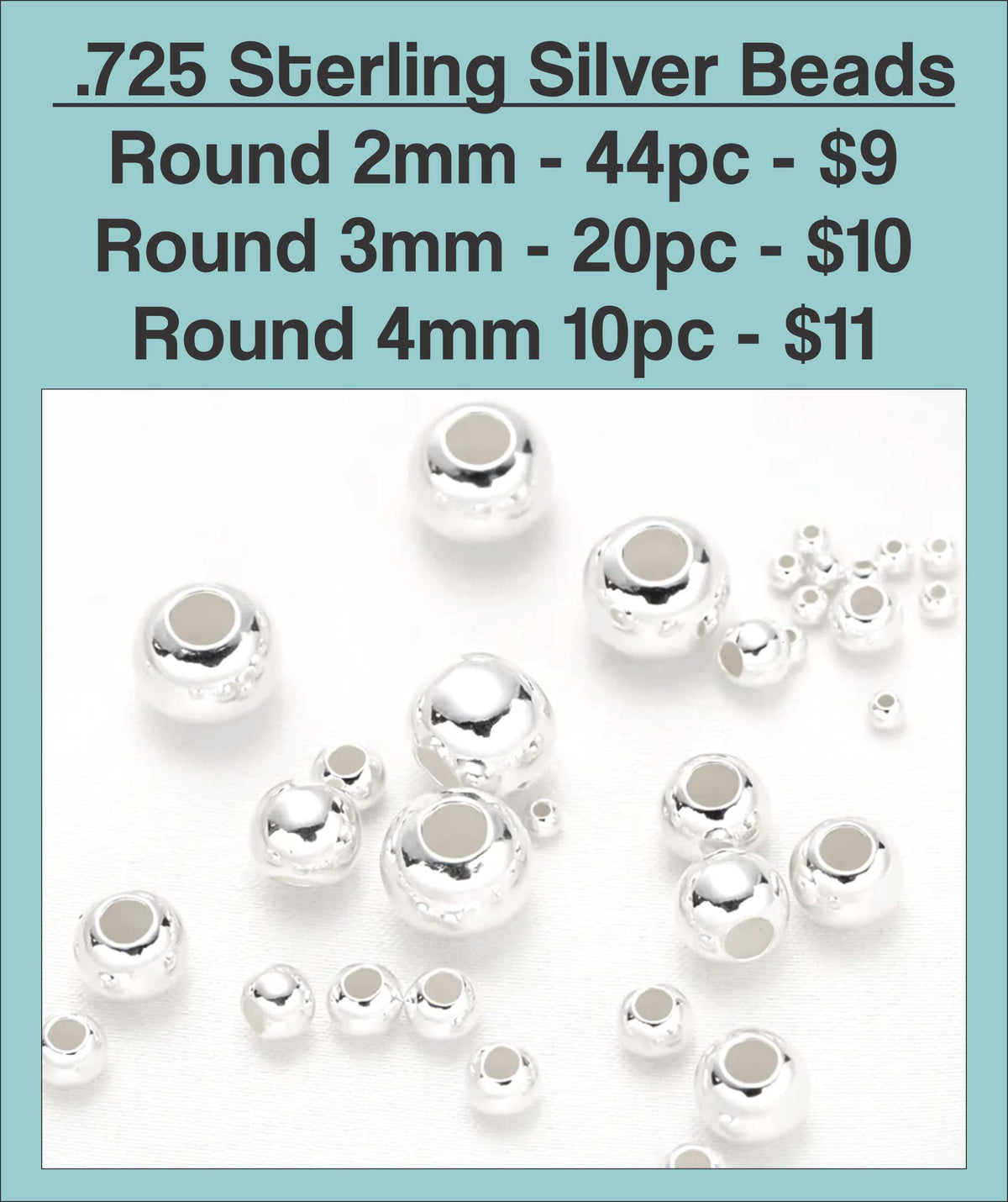 Chart of .925 sterling silver round beads in 2mm, 3mm and 4mm sizes, shown loose