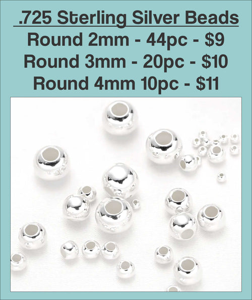 Chart of .925 sterling silver round beads in 2mm, 3mm and 4mm sizes, shown loose