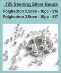 Sterling silver polyhedron beads in 2.5mm and 3.5mm sizes, piled on a white background