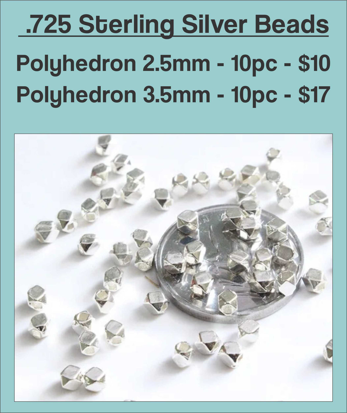 Sterling silver polyhedron beads in 2.5mm and 3.5mm sizes, piled on a white background