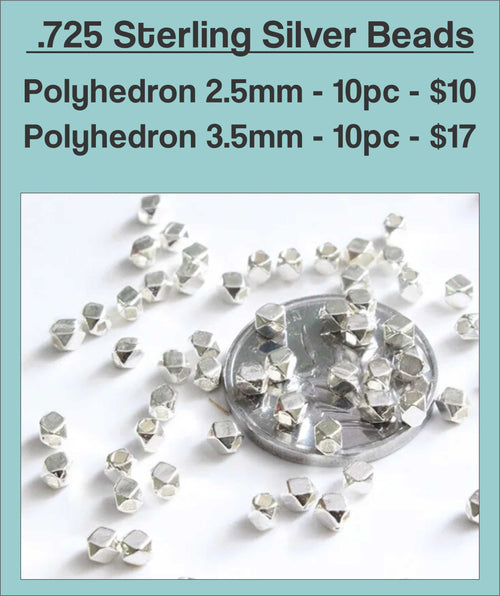 Sterling silver polyhedron beads in 2.5mm and 3.5mm sizes, piled on a white background
