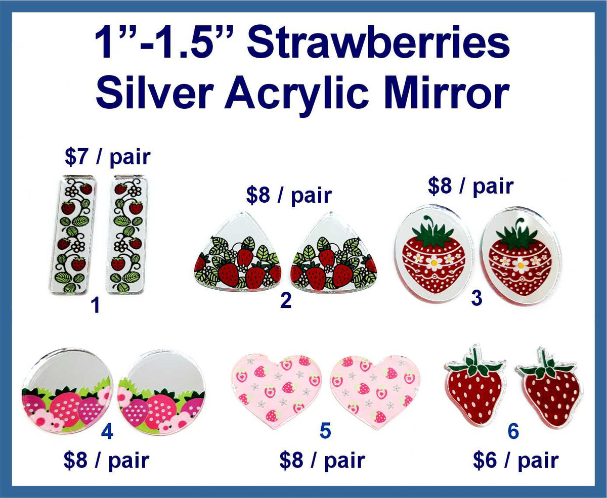 Six pairs of 1 to 1.5 inch silver mirror acrylic strawberry cabochons (cabs) in mixed shapes and pinks