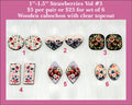 Six pairs of 1 to 1.5 inch strawberry cabochons (cabs) with folk-art berries and flowers in round, heart and oval shapes