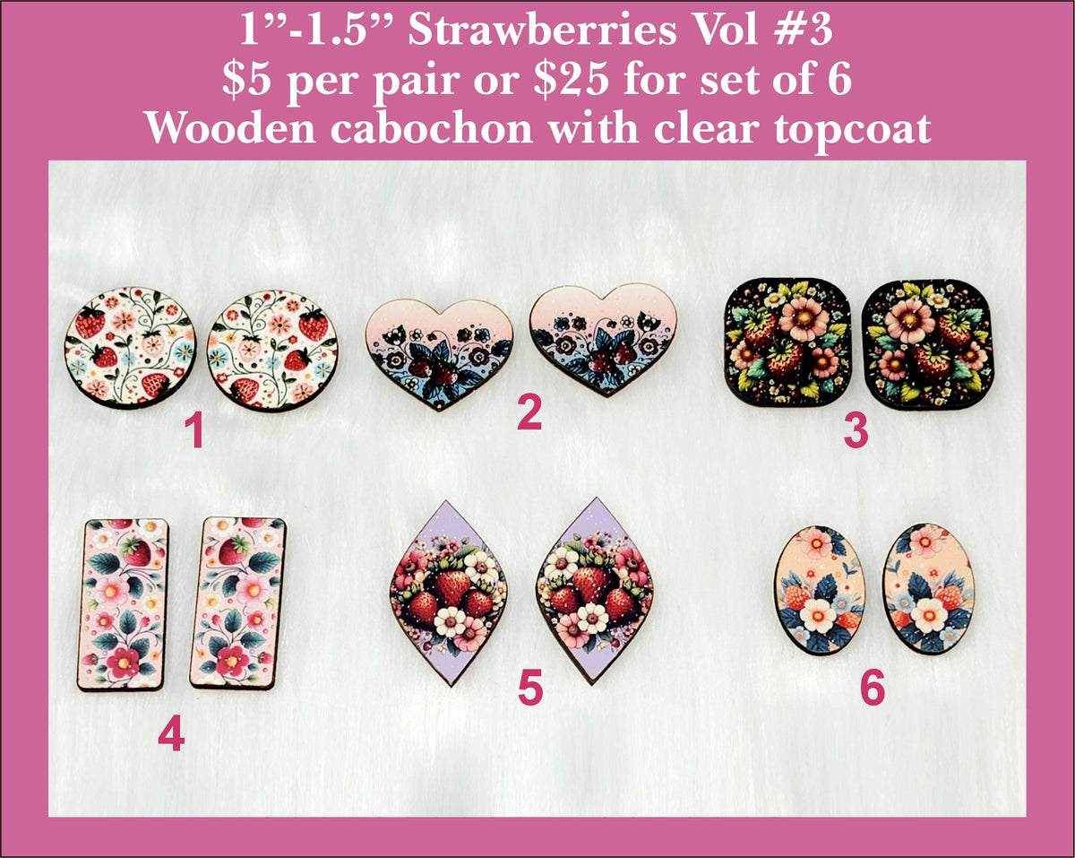 Six pairs of 1 to 1.5 inch strawberry cabochons (cabs) with folk-art berries and flowers in round, heart and oval shapes