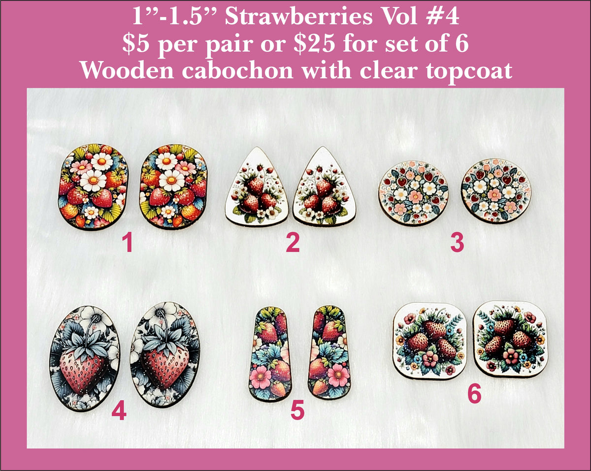 Six pairs of 1 to 1.5 inch strawberry cabochons (cabs) with berries and blossoms on dark and cream backgrounds