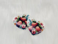 Pair of 37mm resin heart cabochons (cabs) in white with strawberries and pink flowers