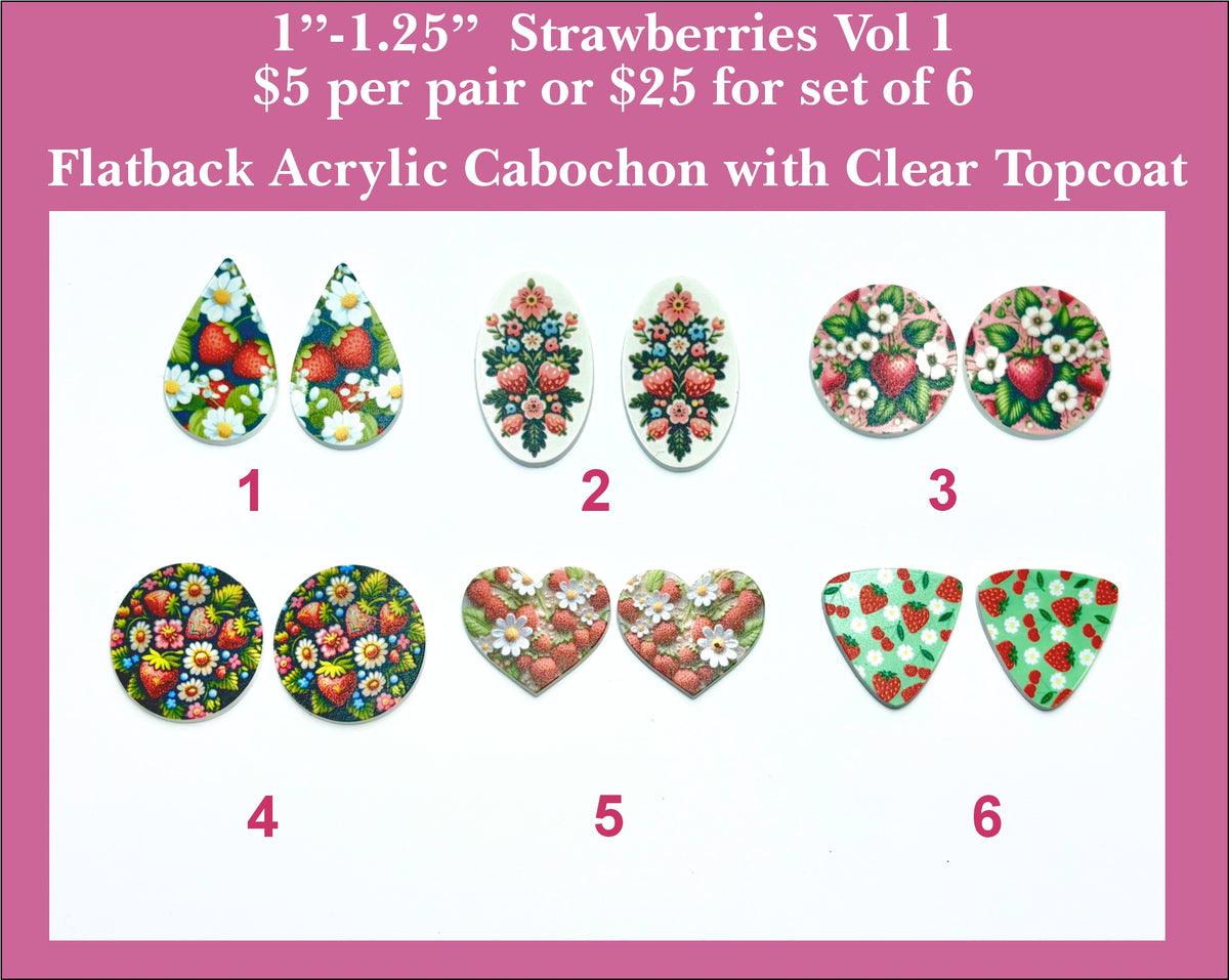 Six pairs of 1 to 1.25 inch UV-printed acrylic strawberry cabochons (cabs) in drop, round, heart and guitar-pick shapes