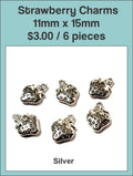 Six silver-tone 11 x 15mm strawberry charms with textured detail