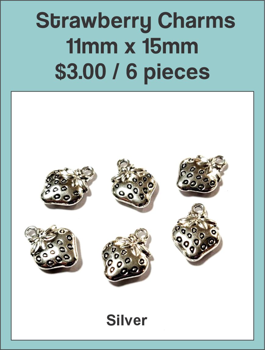 Six silver-tone 11 x 15mm strawberry charms with textured detail