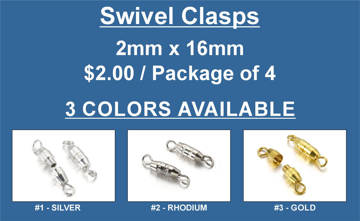 Chart of swivel clasps in silver, rhodium and gold, sold in packages of 4