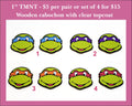 Four pairs of 1 inch cartoon turtle face cabochons (cabs) with blue, purple, orange and red masks