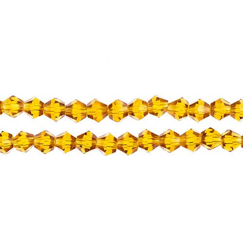 Two strands of Crystal Lane 4mm faceted glass bicone beads in transparent amber