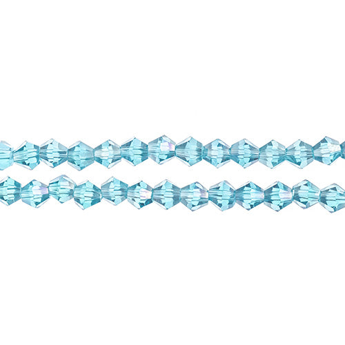 Two strands of Crystal Lane 4mm faceted glass bicone beads in transparent blue AB