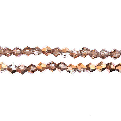Two strands of Crystal Lane 4mm faceted glass bicone beads in transparent crystal with a half copper iris