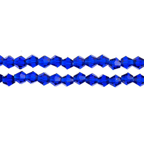 Two strands of Crystal Lane 4mm faceted glass bicone beads in transparent dark sapphire