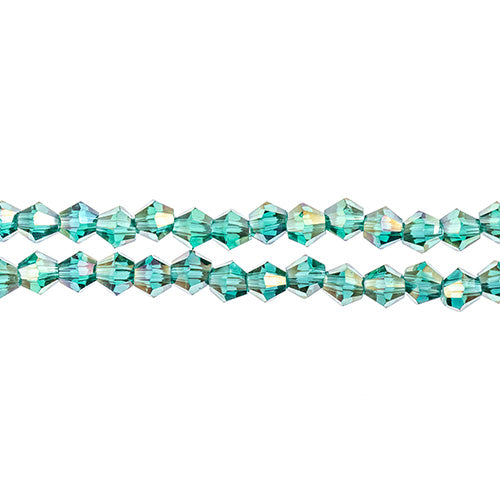 Two strands of Crystal Lane 4mm faceted glass bicone beads in transparent dark green AB