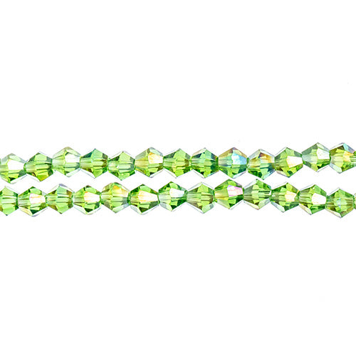 Two strands of Crystal Lane 4mm faceted glass bicone beads in transparent green AB