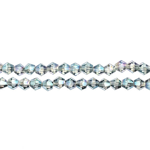 Two strands of Crystal Lane 4mm faceted glass bicone beads in transparent green luster