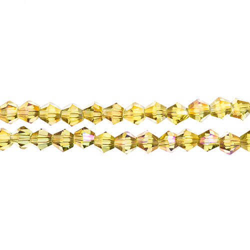 Two strands of Crystal Lane 4mm faceted glass bicone beads in transparent light amber with purple luster