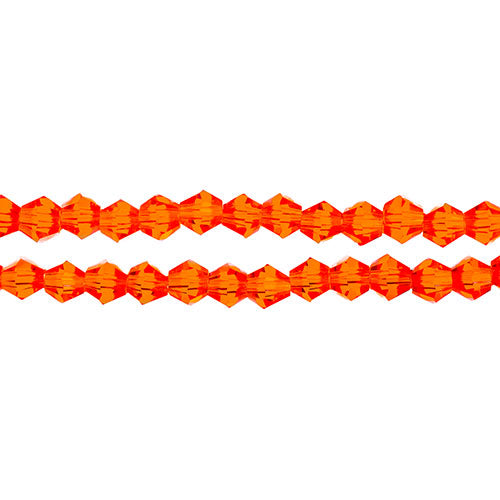 Two strands of Crystal Lane 4mm faceted glass bicone beads in transparent orange