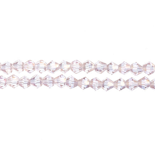 Two strands of Crystal Lane 4mm faceted glass bicone beads in transparent pink AB