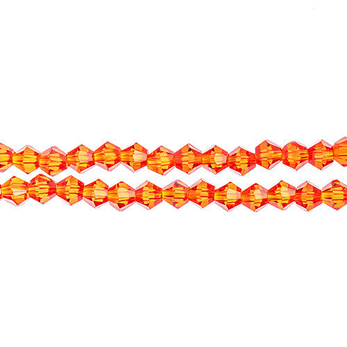 Two strands of Crystal Lane 4mm faceted glass bicone beads in transparent red