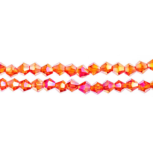 Two strands of Crystal Lane 4mm faceted glass bicone beads in transparent red AB