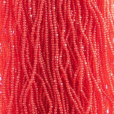 Close-up of strung Preciosa 13/0 true cut charlotte beads in transparent red
