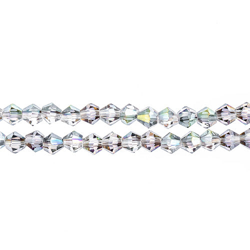 Two strands of Crystal Lane 4mm faceted glass bicone beads in transparent rose green luster